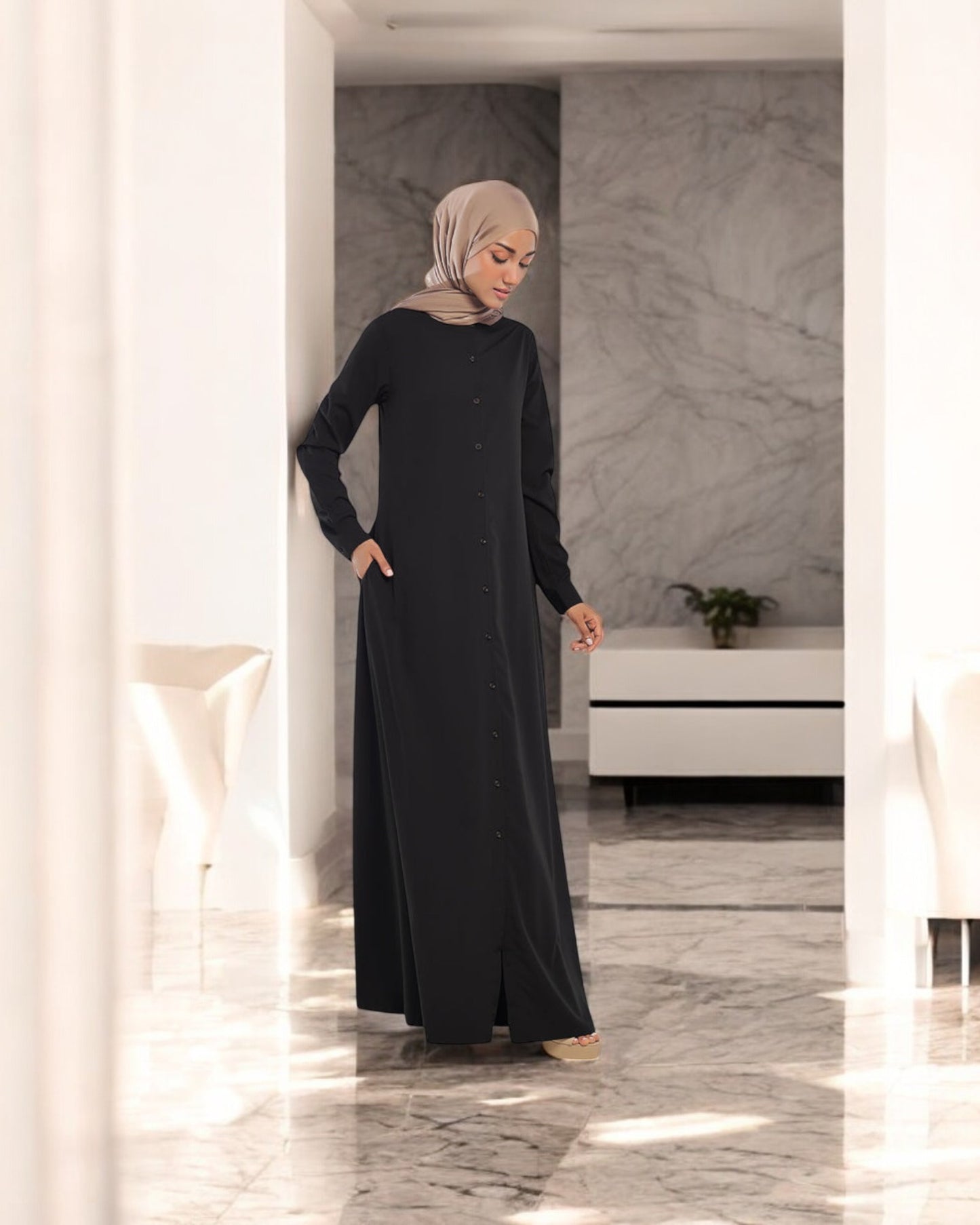 Front Open Firdaus Fabric Abaya with Button Opening