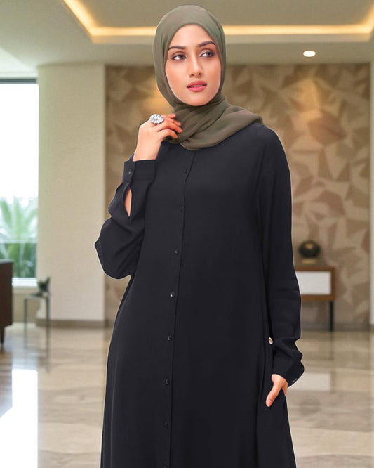 Front Open Firdaus Fabric Abaya with Button Opening