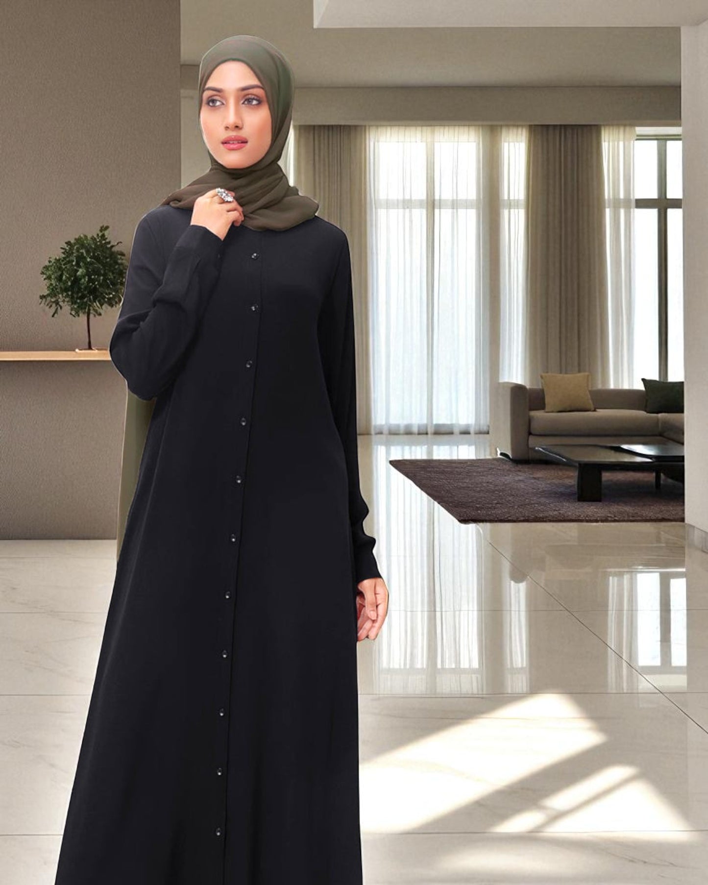 Front Open Firdaus Fabric Abaya with Button Opening