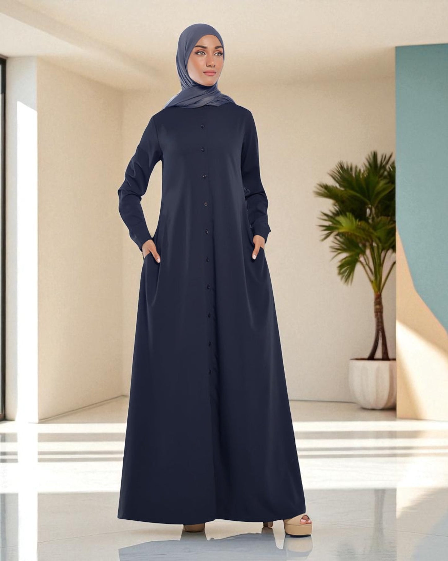 Front Open Firdaus Fabric Abaya with Button Opening
