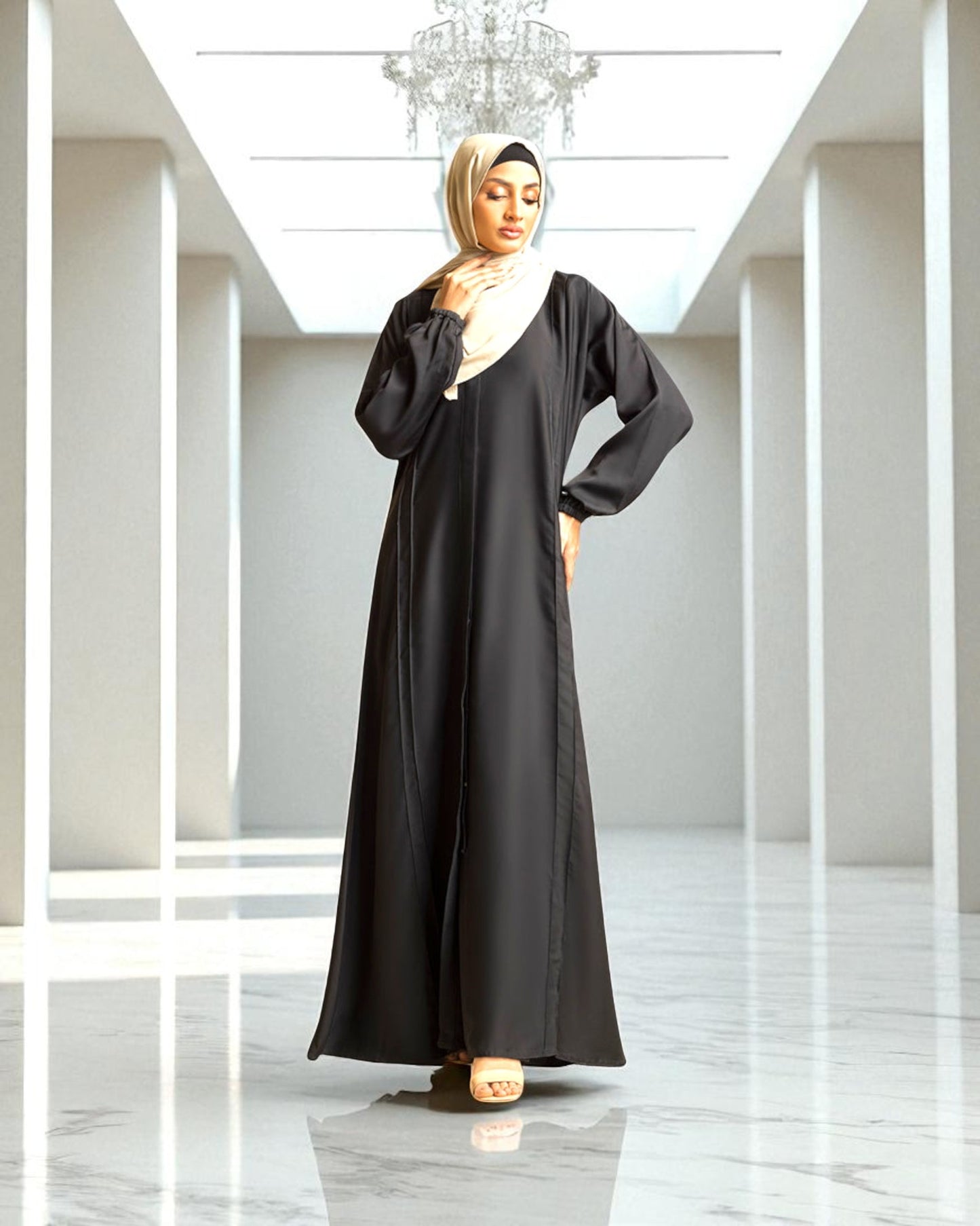 Front Open Abaya with Pintucks - Elasticated Sleeves - Side Pockets - Complementary Hijab - Firdaus Fabric