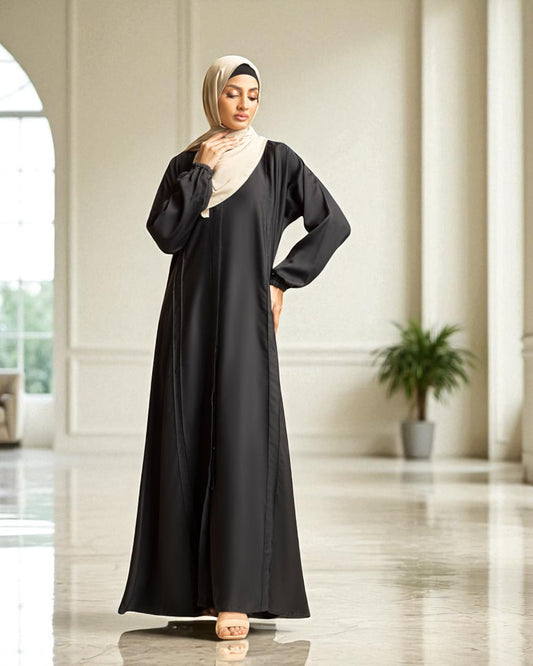 Front Open Abaya with Pintucks - Elasticated Sleeves - Side Pockets - Complementary Hijab - Firdaus Fabric