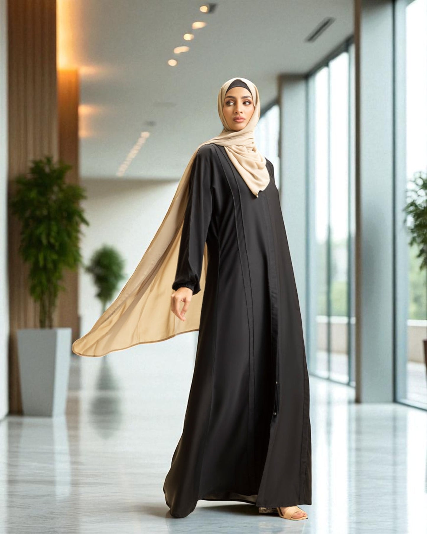 Front Open Abaya with Pintucks - Elasticated Sleeves - Side Pockets - Complementary Hijab - Firdaus Fabric