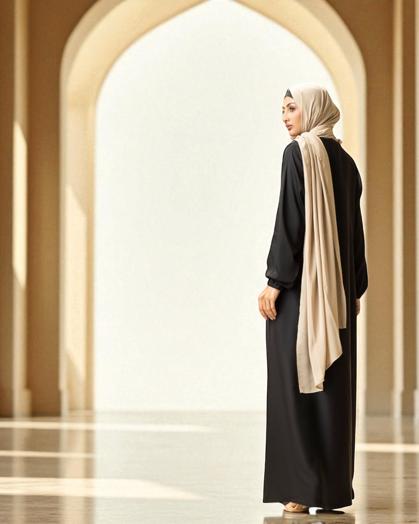 Front Open Abaya with Pintucks - Elasticated Sleeves - Side Pockets - Complementary Hijab - Firdaus Fabric