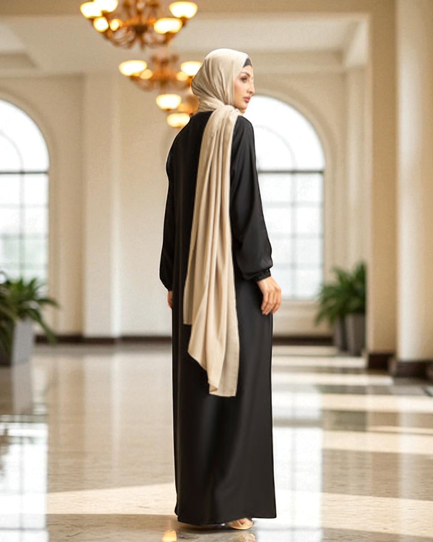 Front Open Abaya with Pintucks - Elasticated Sleeves - Side Pockets - Complementary Hijab - Firdaus Fabric