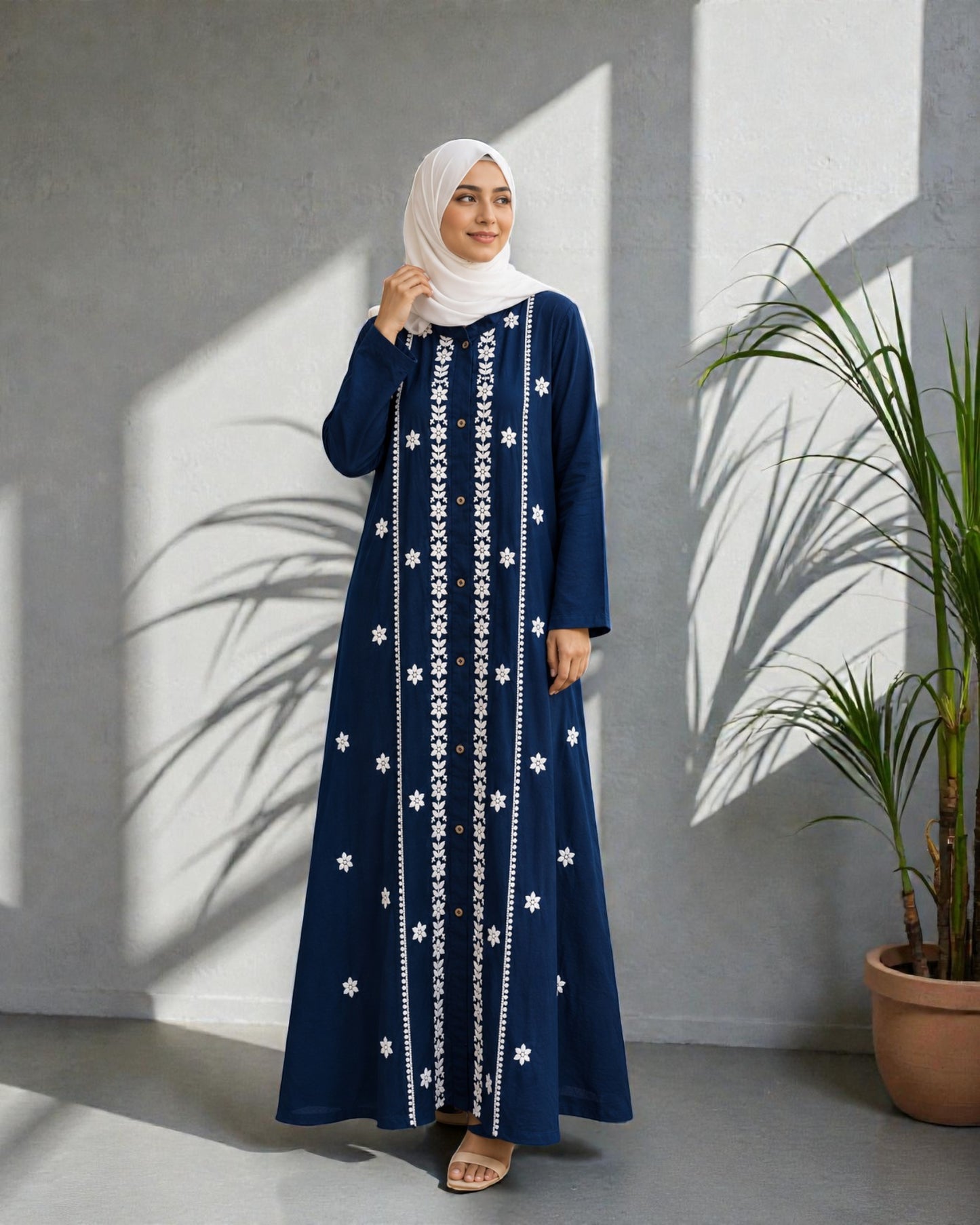 Chikankari Abaya With Front Open Design in Rayon Fabric
