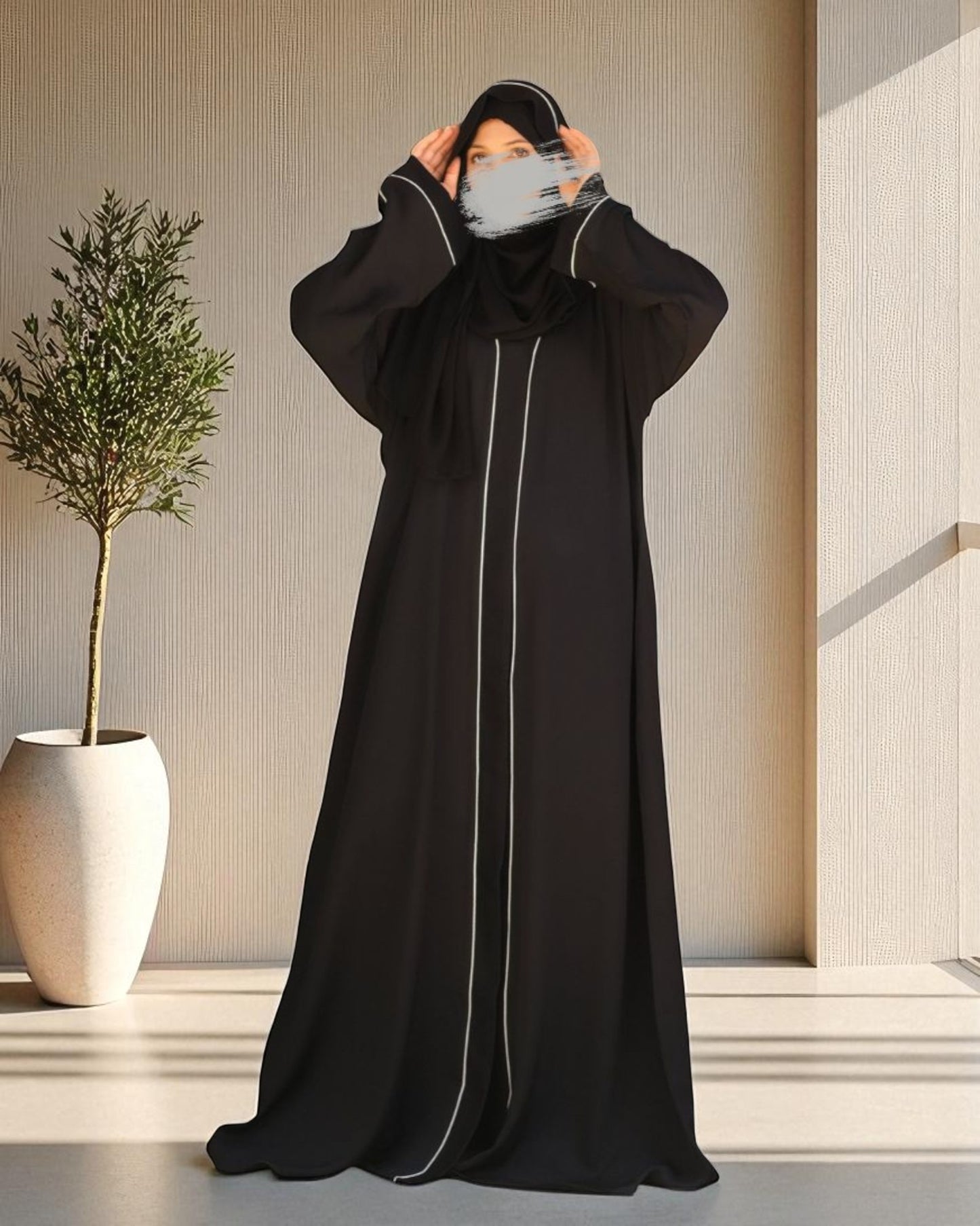Front Open Abaya in Firdaus Fabric with Contrast Detailing, Wide Sleeves, V-Neck & Side Pockets