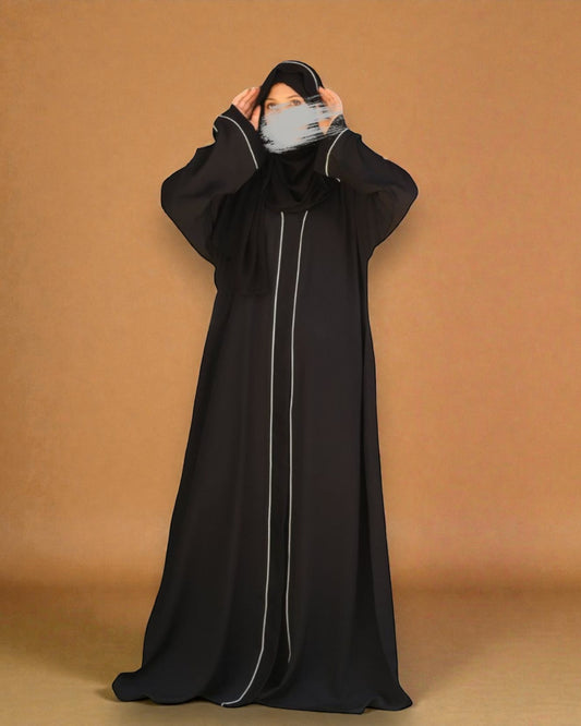 Front Open Abaya in Firdaus Fabric with Contrast Detailing, Wide Sleeves, V-Neck & Side Pockets