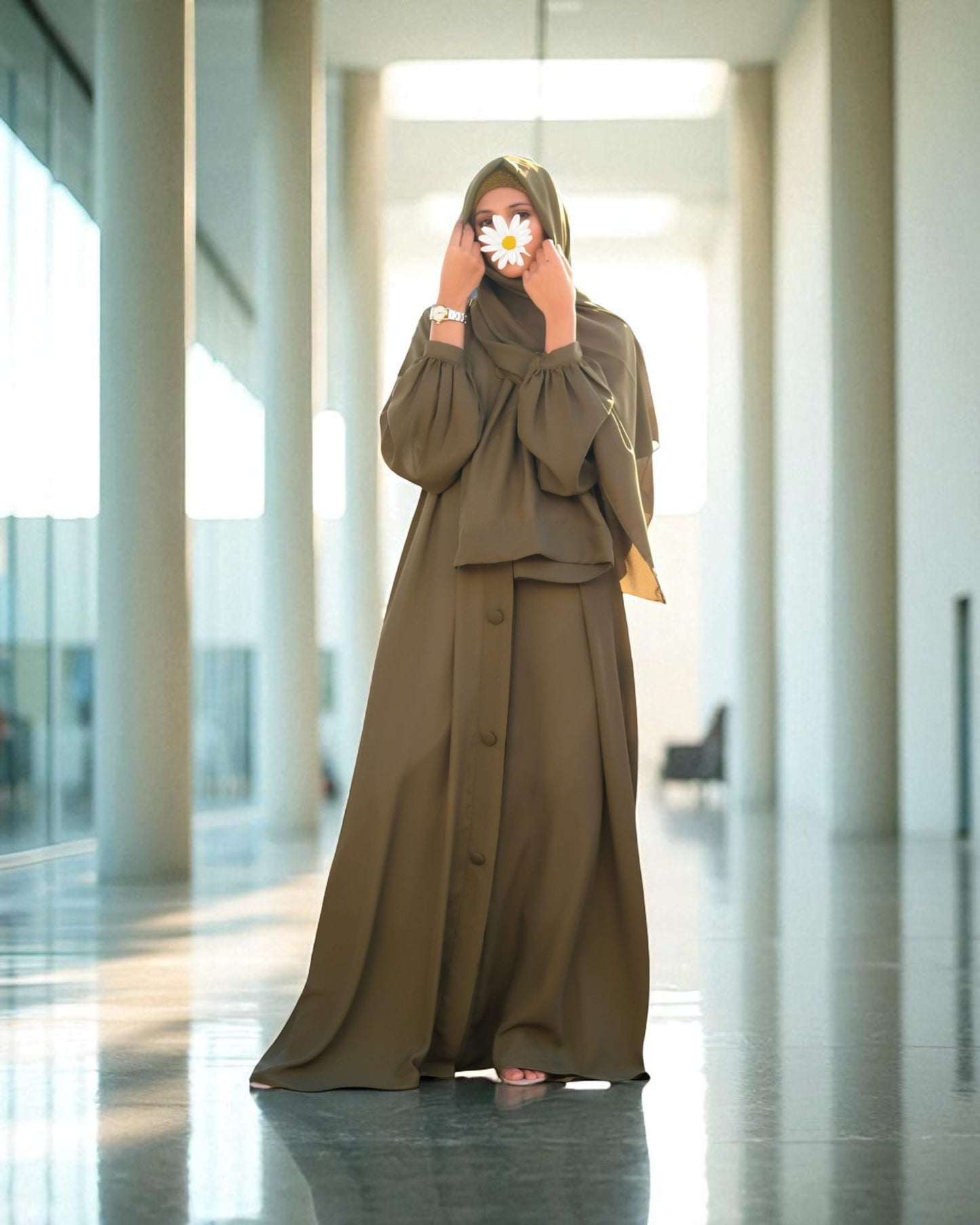 Front Open Abaya in Firdaus Fabric with Balloon Sleeves, Fabric Buttons & Side Pockets