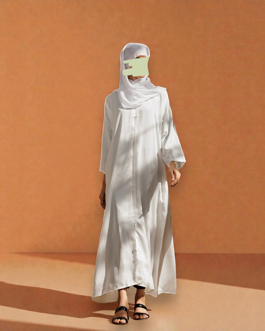 Front Open White Abaya in Firdaus Fabric with Snap Buttons, Wide Sleeves, Pockets & V-Neck