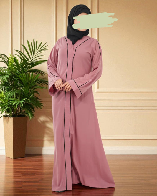 Front Open Abaya in Firdaus Fabric with Contrast Piping, Snap Buttons, Wide Sleeves & V-Neck