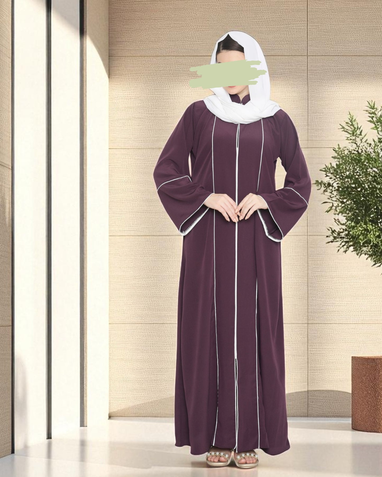 Front Open Abaya in Premium Praada Fabric with Contrast Piping, Wide Sleeves, Pockets & V-Neck