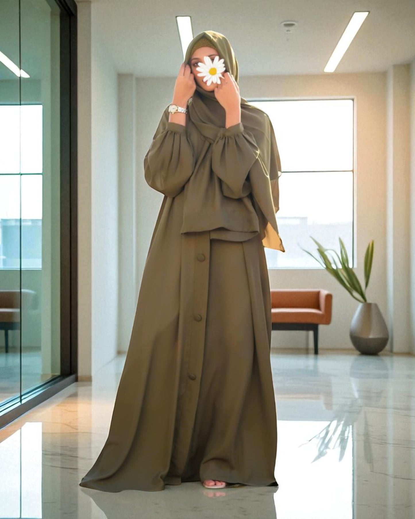 Front Open Abaya in Firdaus Fabric with Balloon Sleeves, Fabric Buttons & Side Pockets