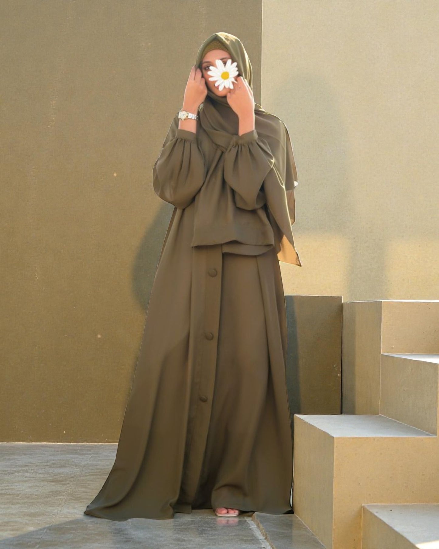 Front Open Abaya in Firdaus Fabric with Balloon Sleeves, Fabric Buttons & Side Pockets