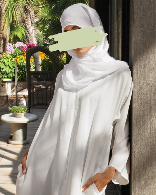 Front Open White Abaya in Praada Fabric with Snap Buttons, Wide Sleeves, Pockets & V-Neck