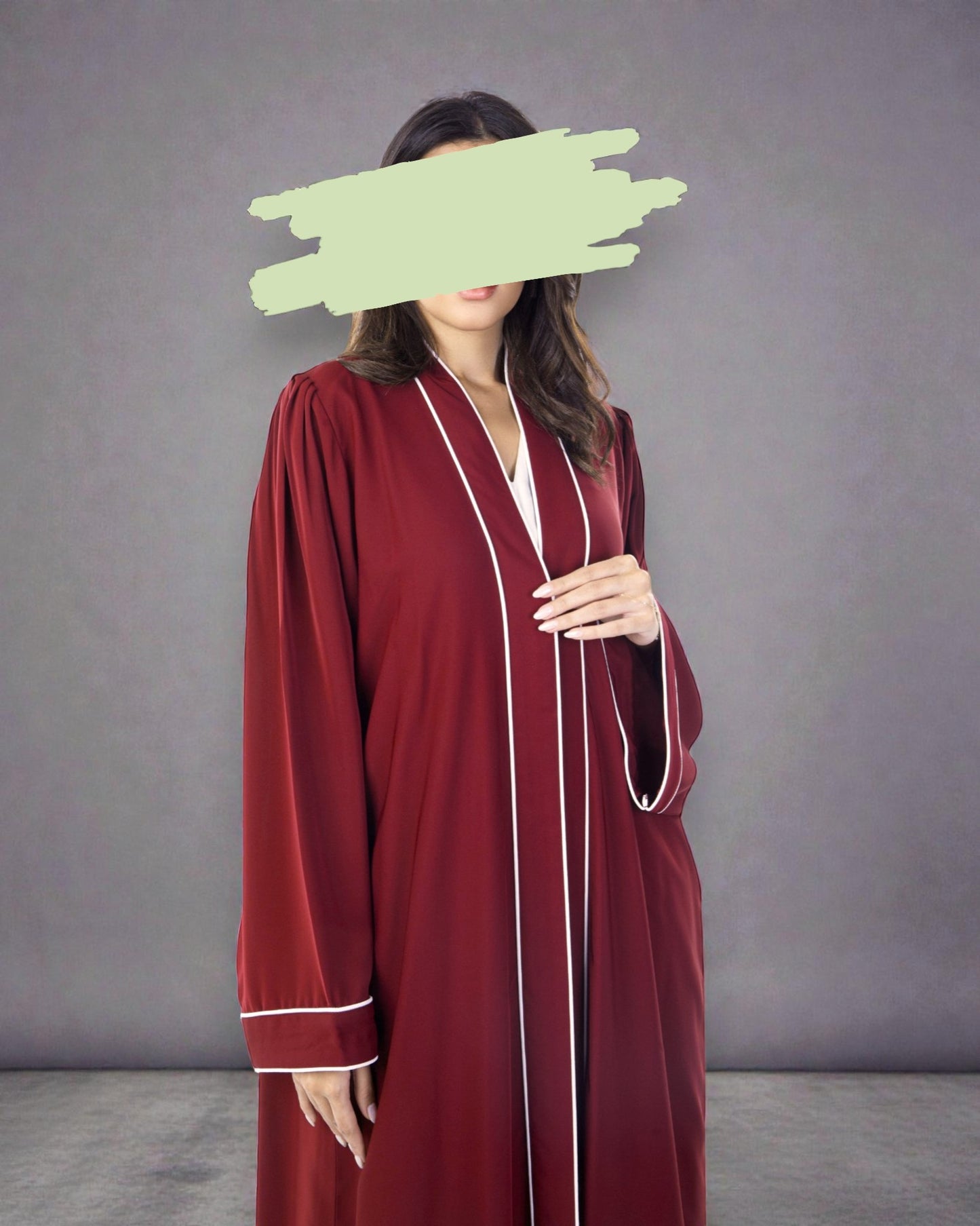 Front Open Maroon Abaya in Firdaus Fabric with White Piping, Snap Buttons, Wide Sleeves & V-Neck