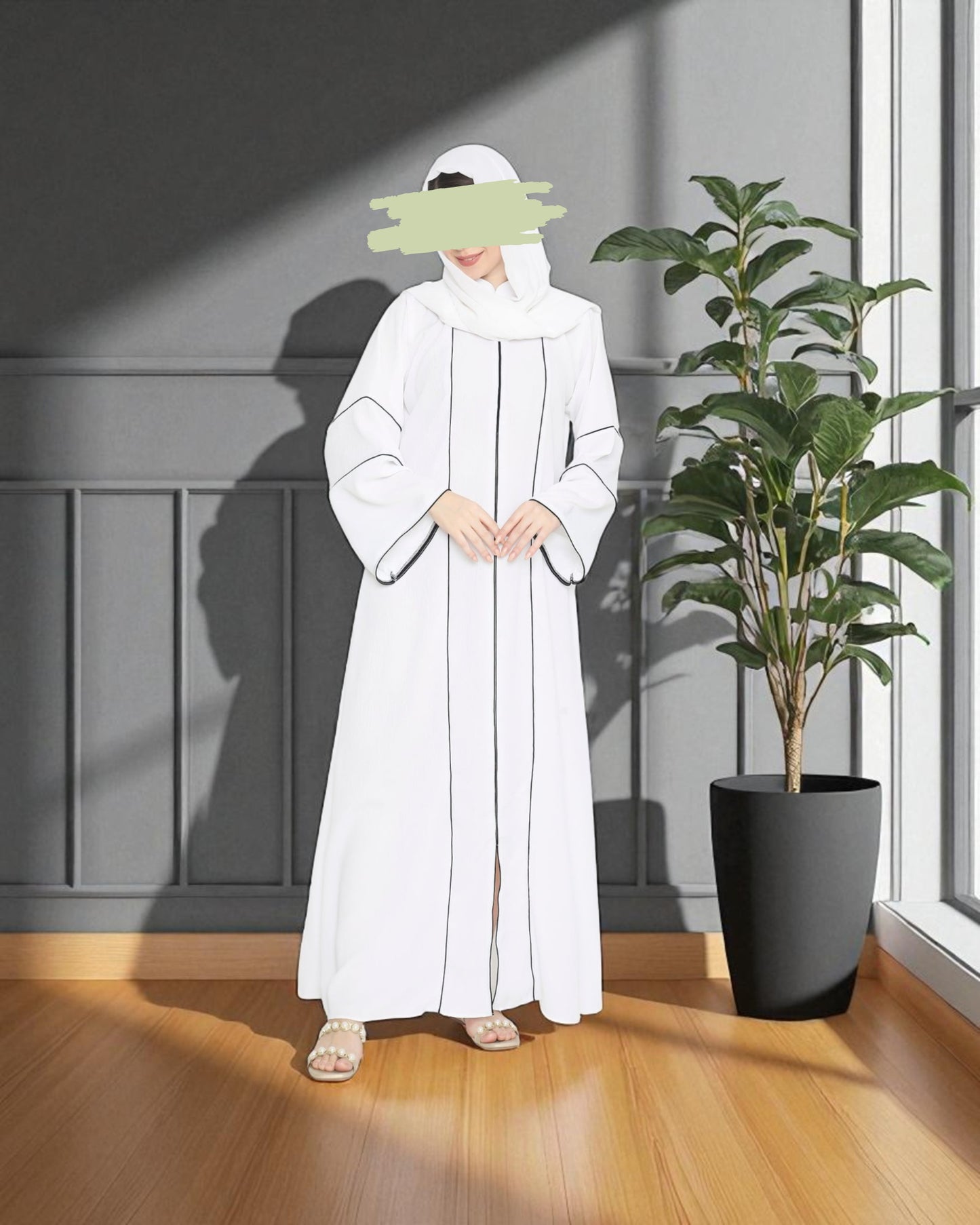Front Open Abaya in Premium Praada Fabric with Contrast Piping, Wide Sleeves, Pockets & V-Neck