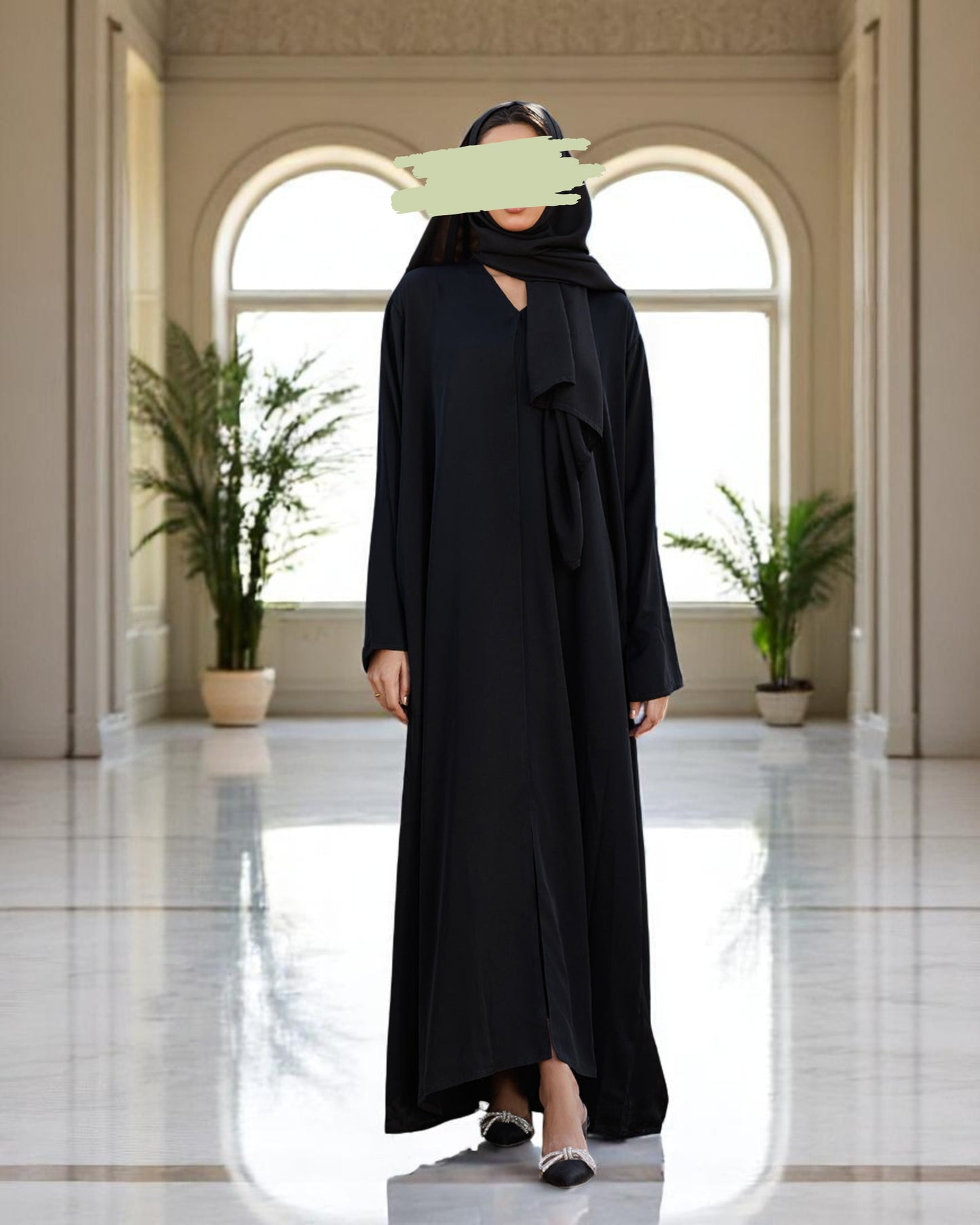 Front Open Black Abaya in Firdaus Fabric with Snap Buttons, Wide Sleeves, Pockets & V-Neck