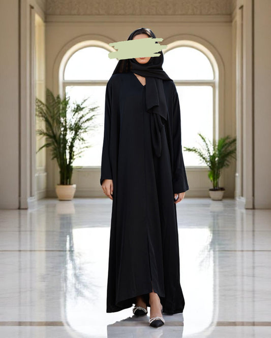 Front Open Black Abaya in Firdaus Fabric with Snap Buttons, Wide Sleeves, Pockets & V-Neck