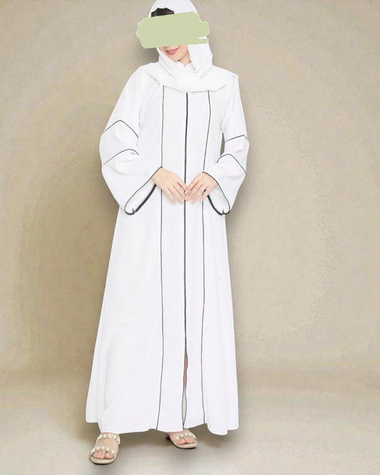Front Open Abaya in Premium Praada Fabric with Contrast Piping, Wide Sleeves, Pockets & V-Neck