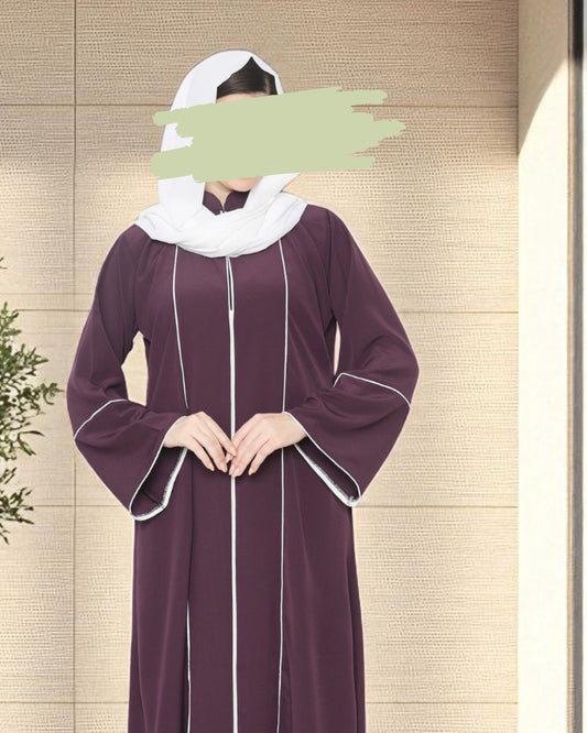 Front Open Abaya in Premium Praada Fabric with Contrast Piping, Wide Sleeves, Pockets & V-Neck