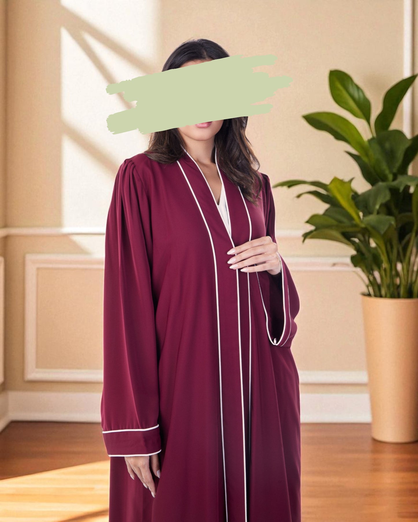 Front Open Maroon Abaya in Firdaus Fabric with White Piping, Snap Buttons, Wide Sleeves & V-Neck