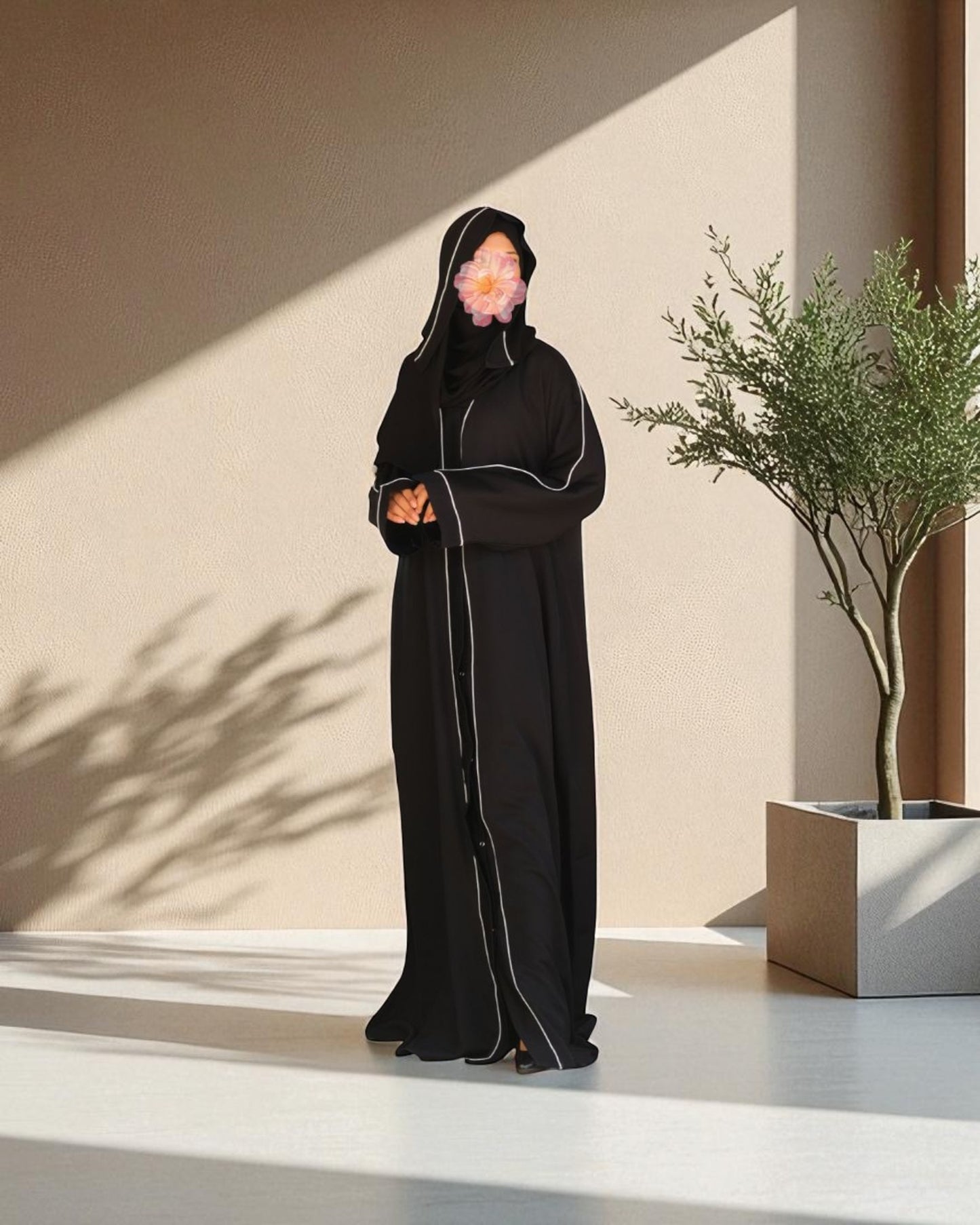 Front Open Abaya in Firdaus Fabric with Contrast Detailing, Wide Sleeves, V-Neck & Side Pockets