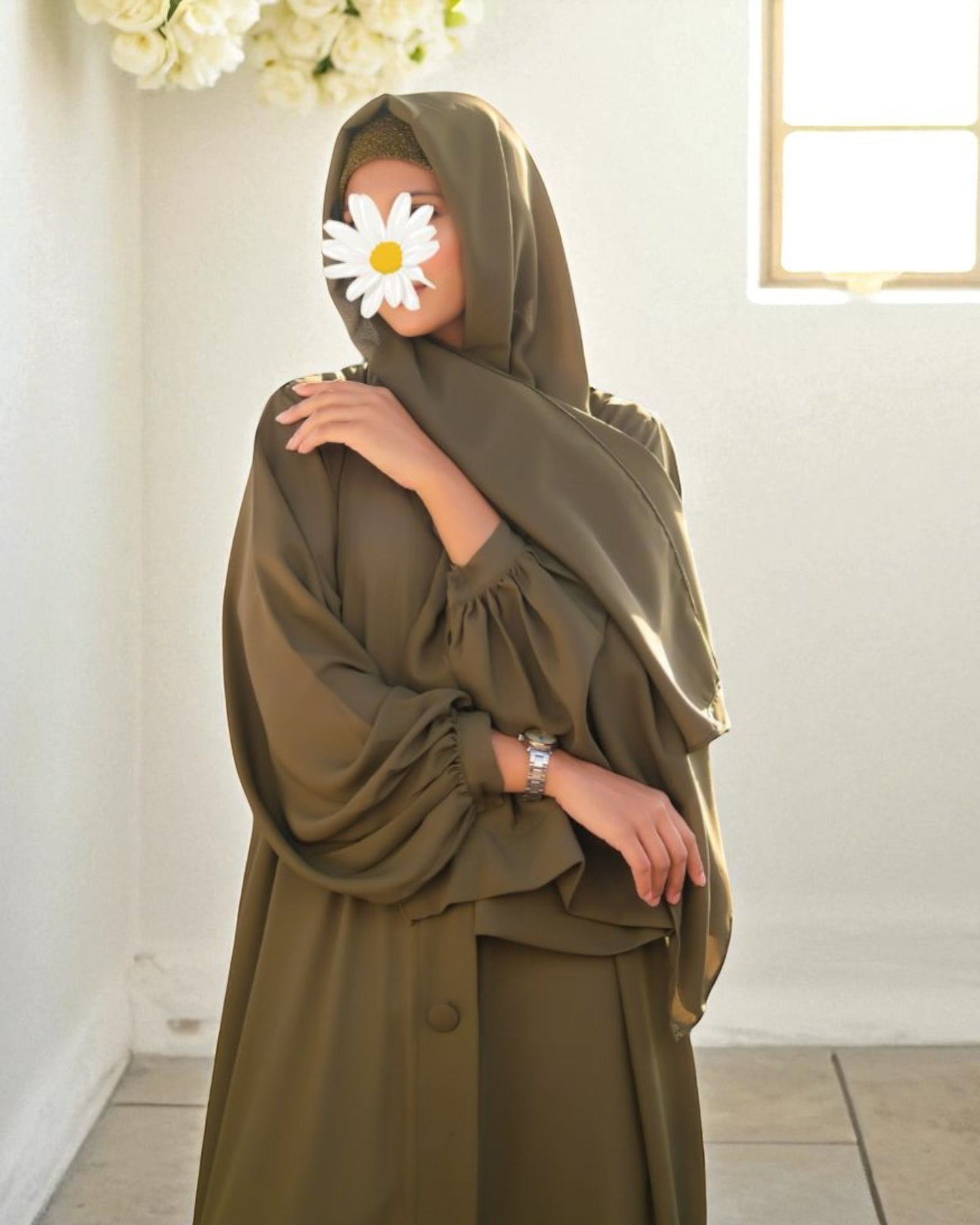 Front Open Abaya in Firdaus Fabric with Balloon Sleeves, Fabric Buttons & Side Pockets