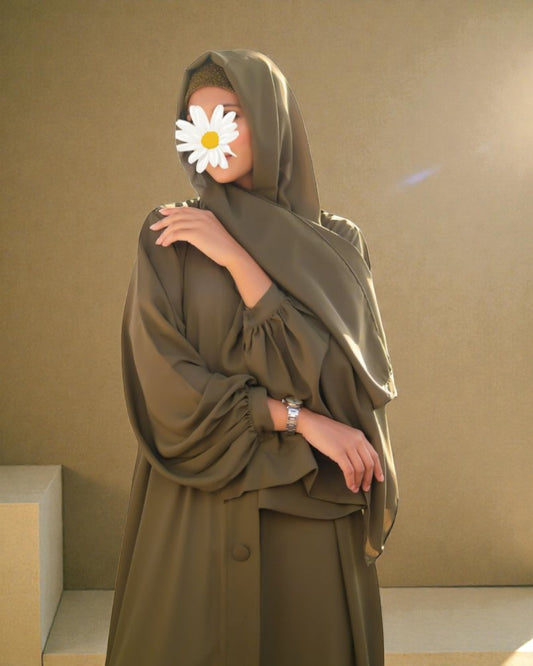 Front Open Abaya in Firdaus Fabric with Balloon Sleeves, Fabric Buttons & Side Pockets