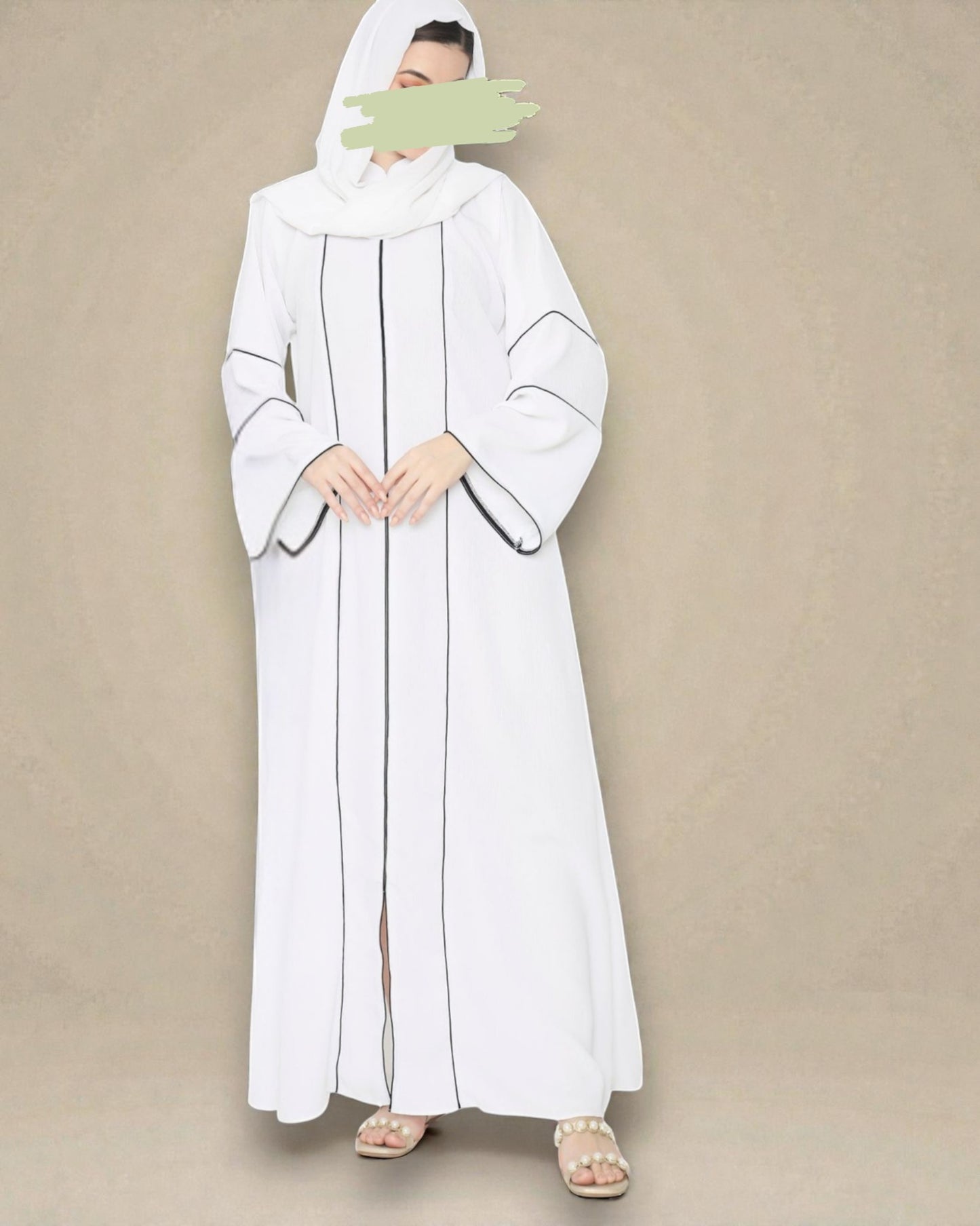 Front Open Abaya in Premium Praada Fabric with Contrast Piping, Wide Sleeves, Pockets & V-Neck