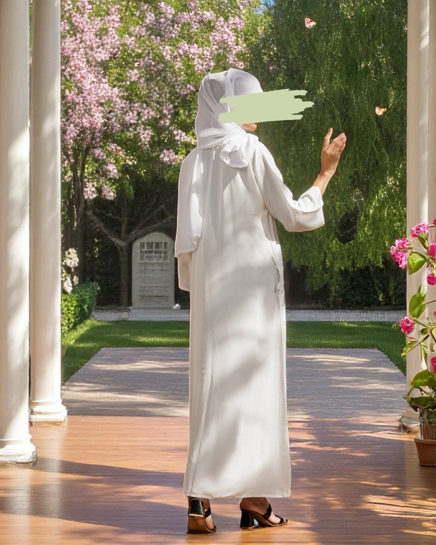 Front Open White Abaya in Firdaus Fabric with Snap Buttons, Wide Sleeves, Pockets & V-Neck