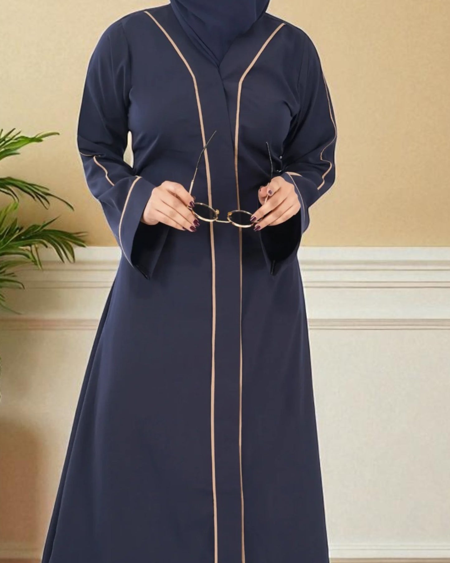 Front Open Abaya in Firdaus Fabric with Contrast Piping, Snap Buttons, Wide Sleeves & V-Neck