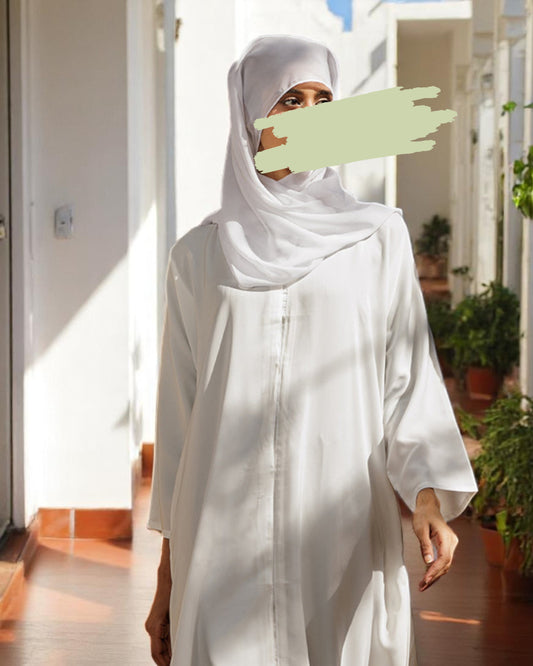 Front Open White Abaya in Praada Fabric with Snap Buttons, Wide Sleeves, Pockets & V-Neck