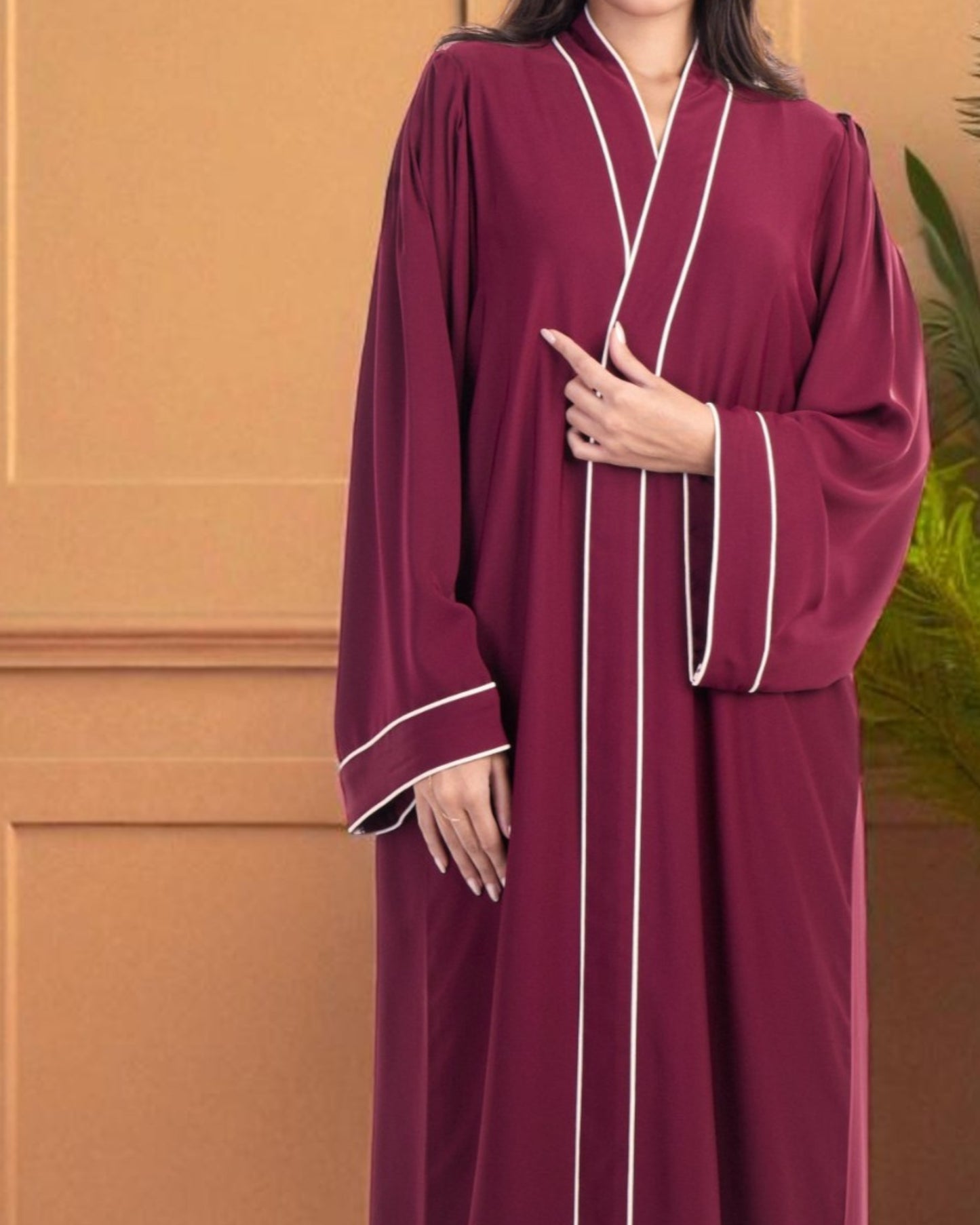 Front Open Maroon Abaya in Firdaus Fabric with White Piping, Snap Buttons, Wide Sleeves & V-Neck