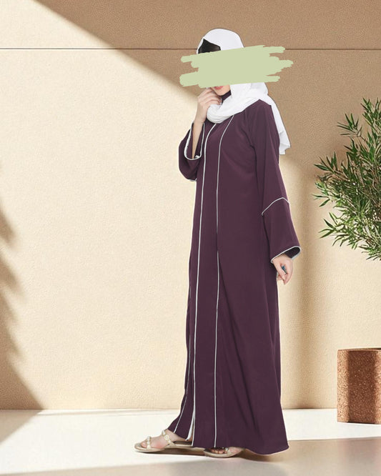 Front Open Abaya in Premium Praada Fabric with Contrast Piping, Wide Sleeves, Pockets & V-Neck