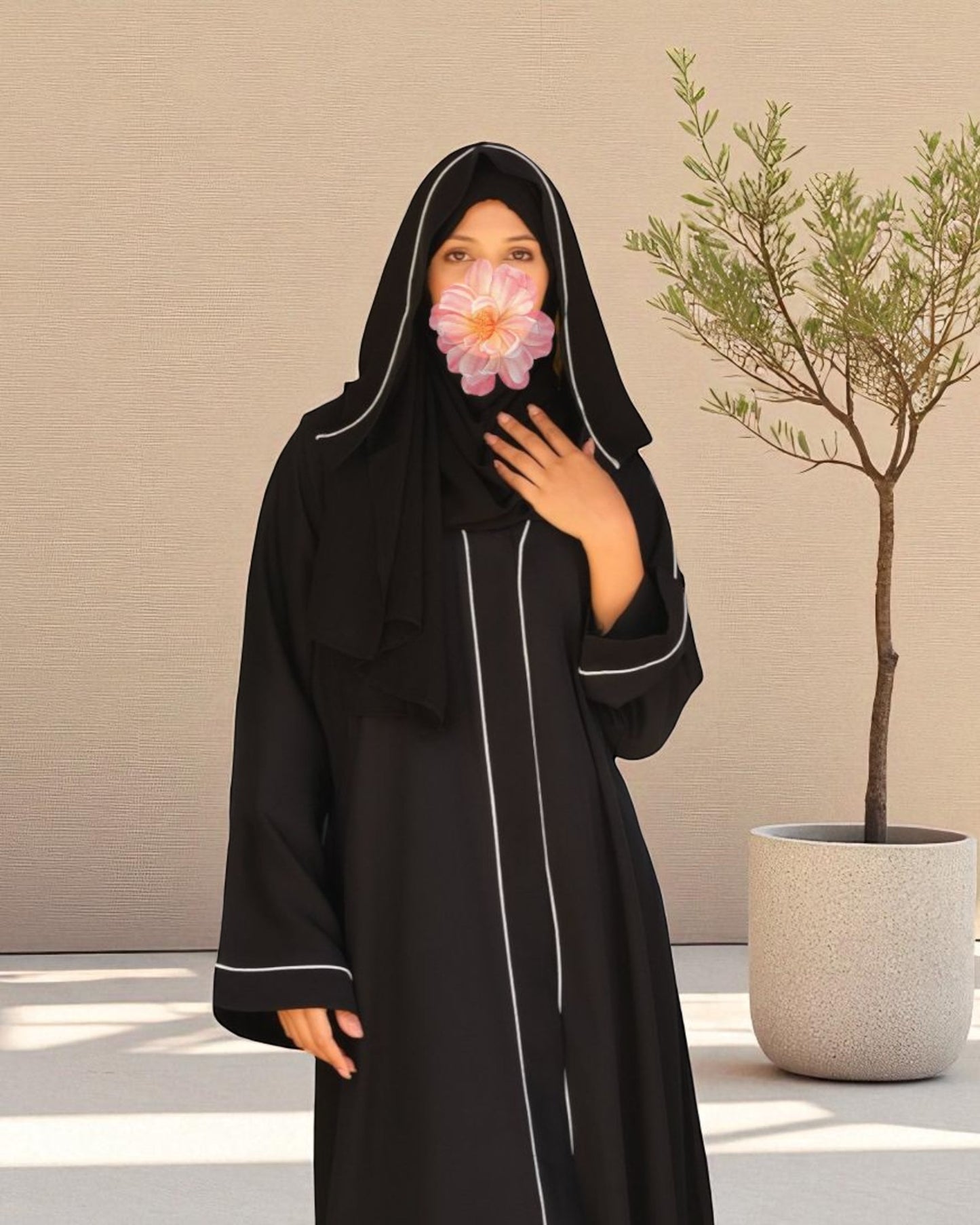 Front Open Abaya in Firdaus Fabric with Contrast Detailing, Wide Sleeves, V-Neck & Side Pockets