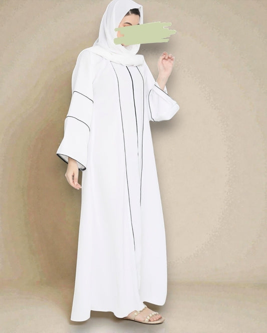 Front Open Abaya in Premium Praada Fabric with Contrast Piping, Wide Sleeves, Pockets & V-Neck