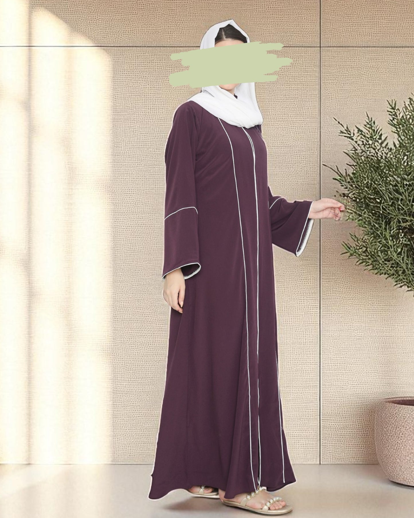 Front Open Abaya in Premium Praada Fabric with Contrast Piping, Wide Sleeves, Pockets & V-Neck