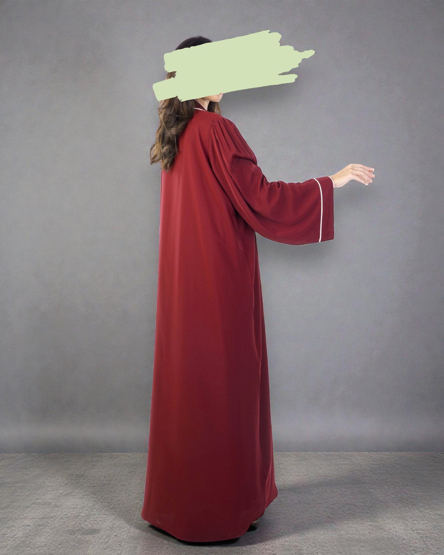 Front Open Maroon Abaya in Firdaus Fabric with White Piping, Snap Buttons, Wide Sleeves & V-Neck