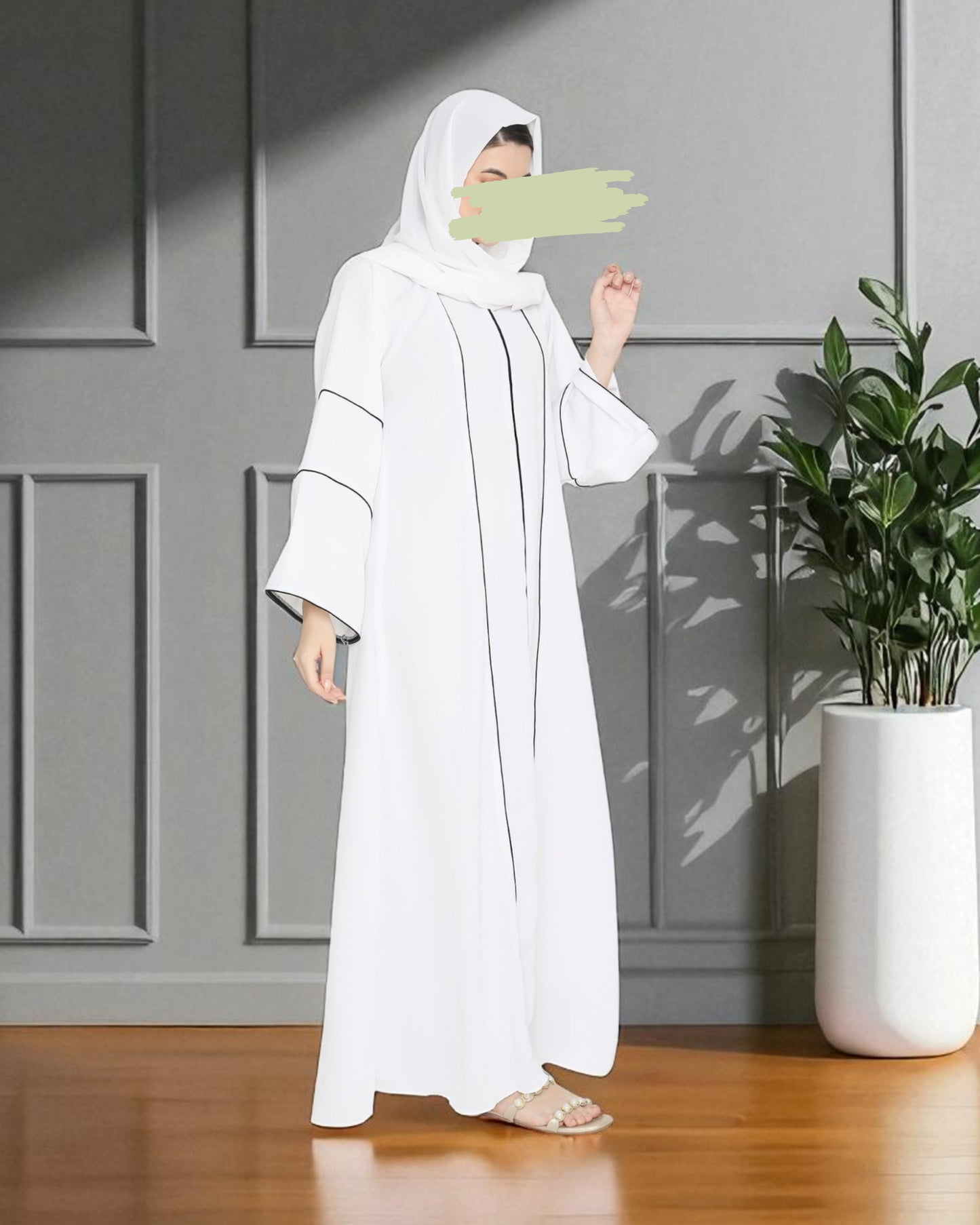 Front Open Abaya in Premium Praada Fabric with Contrast Piping, Wide Sleeves, Pockets & V-Neck