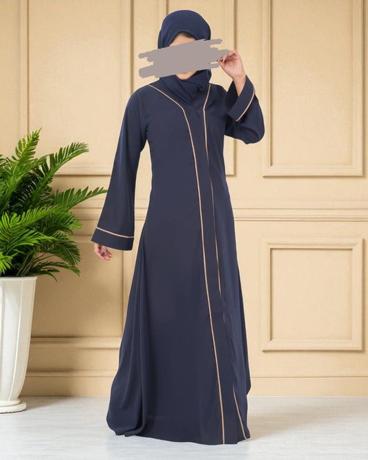 Front Open Abaya in Firdaus Fabric with Contrast Piping, Snap Buttons, Wide Sleeves & V-Neck