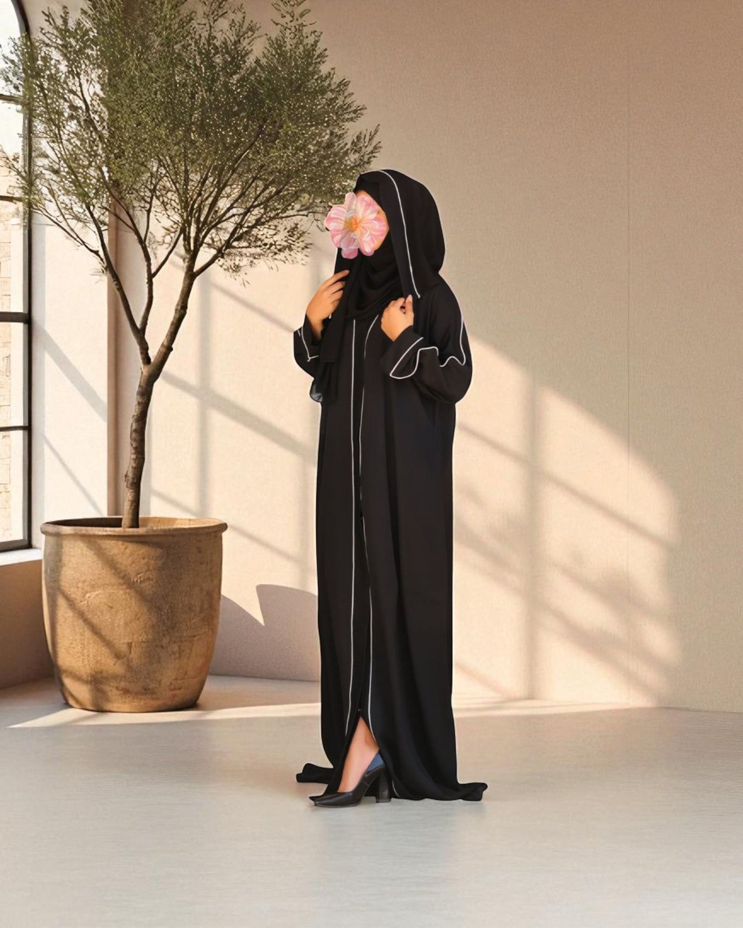Front Open Abaya in Firdaus Fabric with Contrast Detailing, Wide Sleeves, V-Neck & Side Pockets