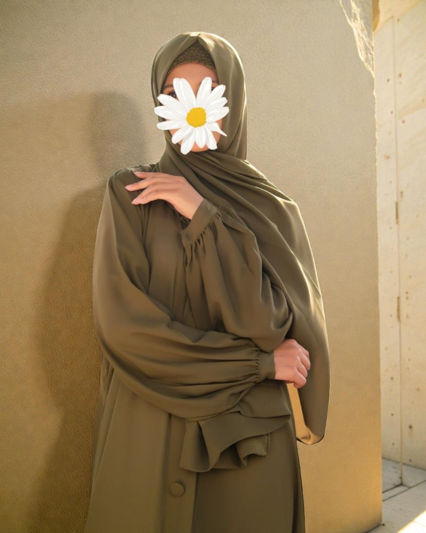 Front Open Abaya in Firdaus Fabric with Balloon Sleeves, Fabric Buttons & Side Pockets