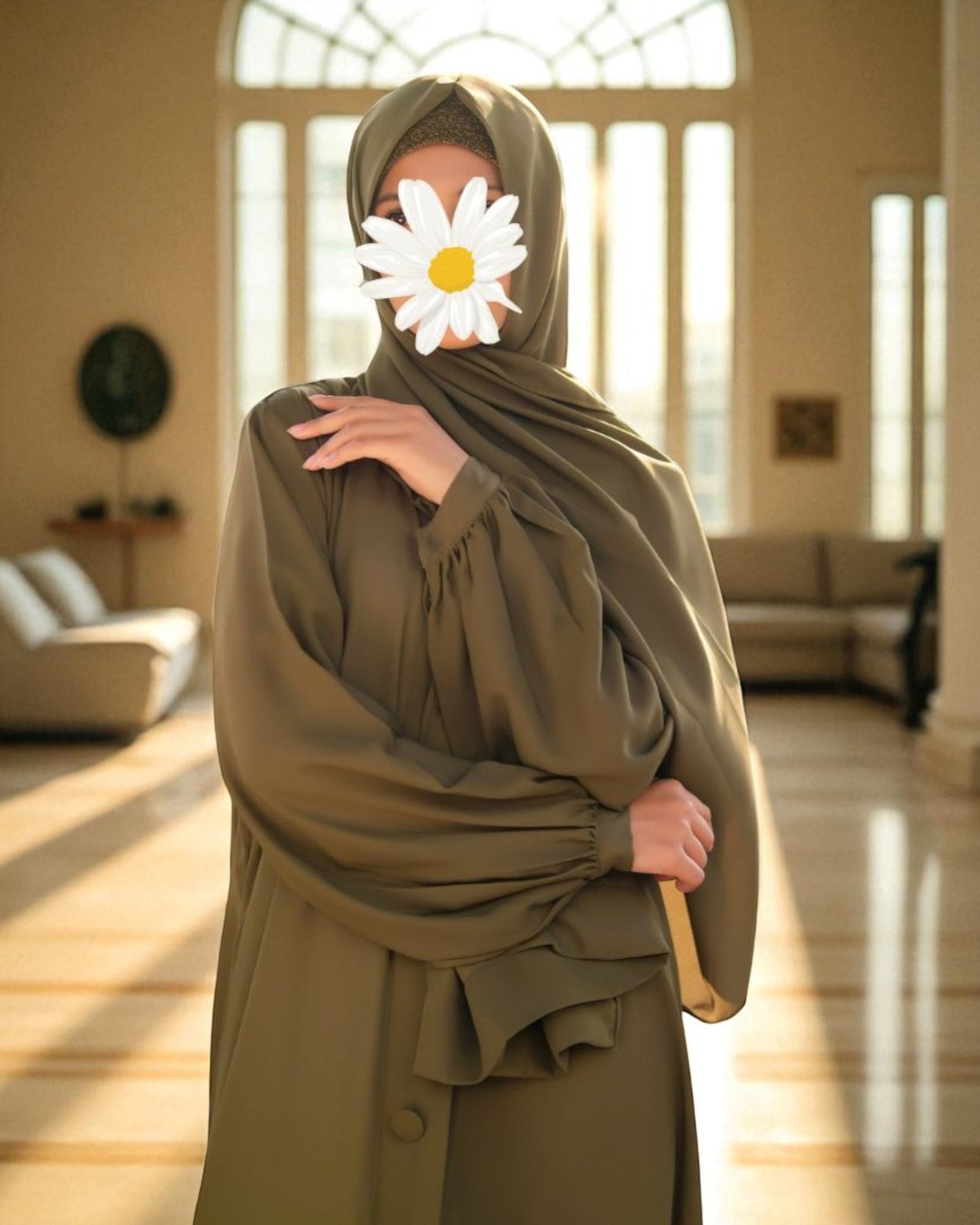 Front Open Abaya in Firdaus Fabric with Balloon Sleeves, Fabric Buttons & Side Pockets