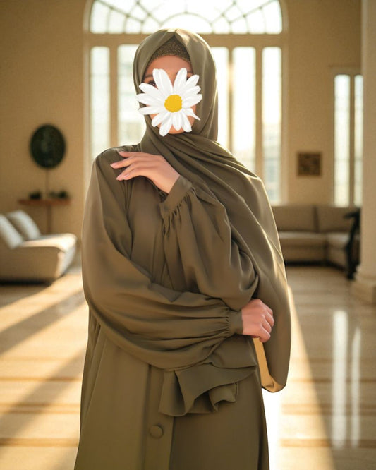 Front Open Abaya in Firdaus Fabric with Balloon Sleeves, Fabric Buttons & Side Pockets