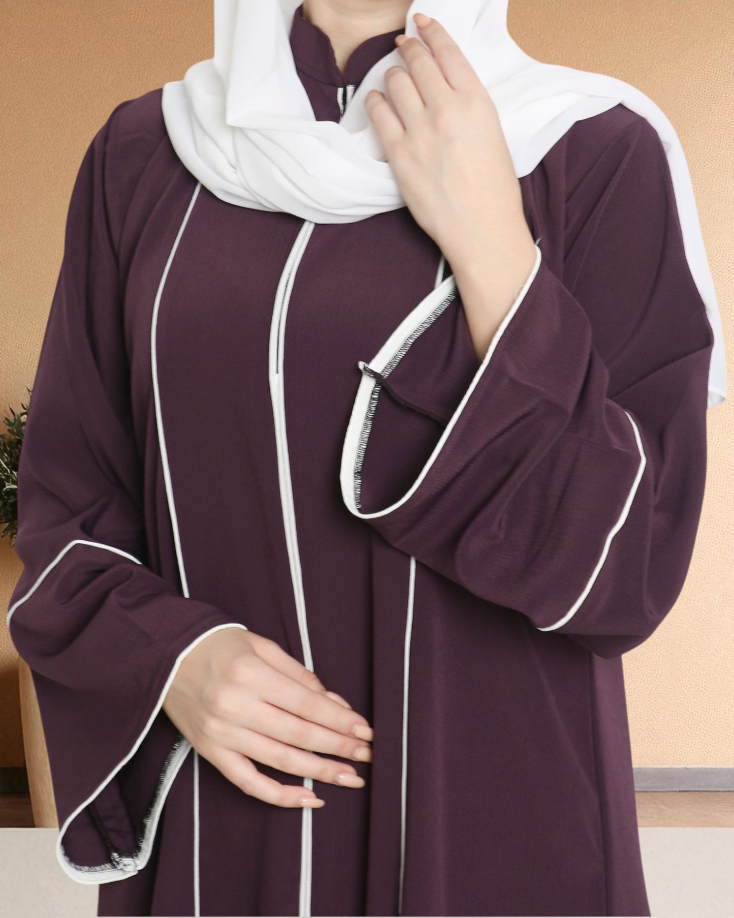 Front Open Abaya in Premium Praada Fabric with Contrast Piping, Wide Sleeves, Pockets & V-Neck