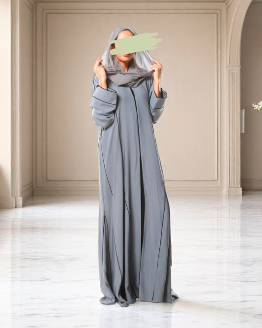 Front Open Abaya in Firdaus Fabric with Contrast Piping, Designer Sleeves, Snap Buttons & V-Neck