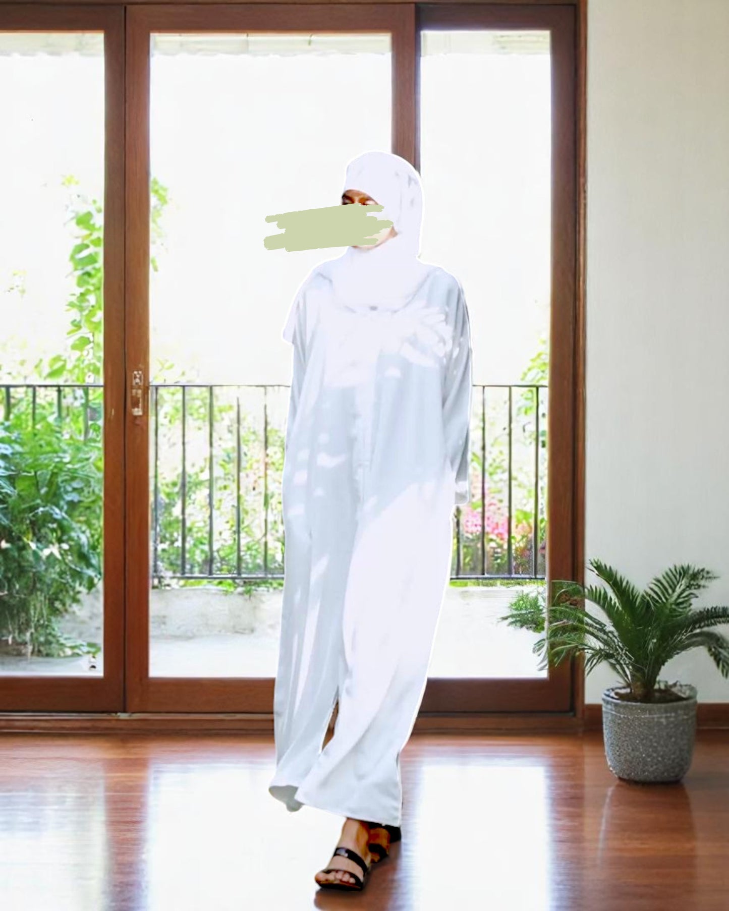 Front Open White Abaya in Firdaus Fabric with Snap Buttons, Wide Sleeves, Pockets & V-Neck