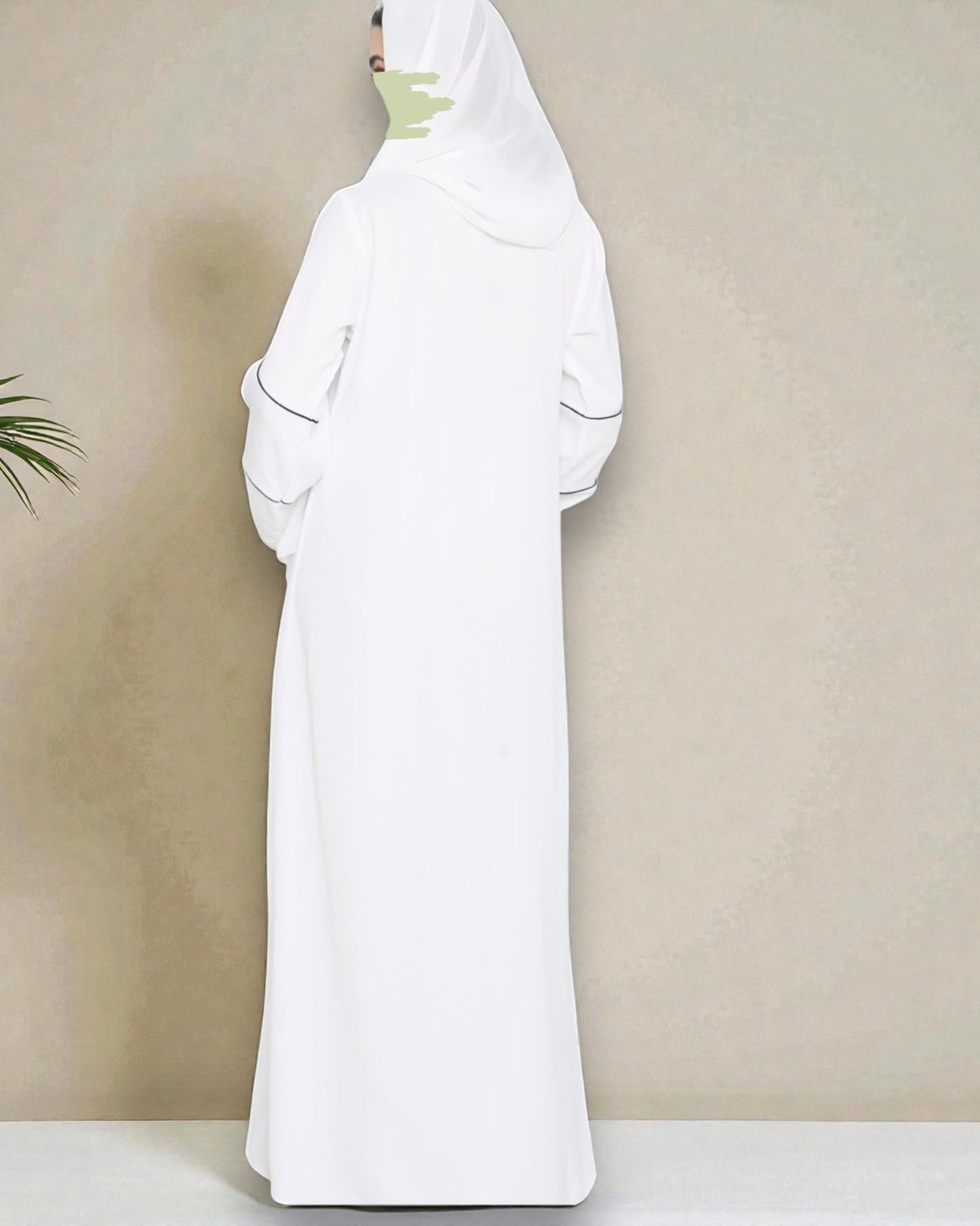 Front Open Abaya in Premium Praada Fabric with Contrast Piping, Wide Sleeves, Pockets & V-Neck
