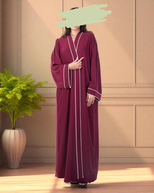 Front Open Maroon Abaya in Firdaus Fabric with White Piping, Snap Buttons, Wide Sleeves & V-Neck